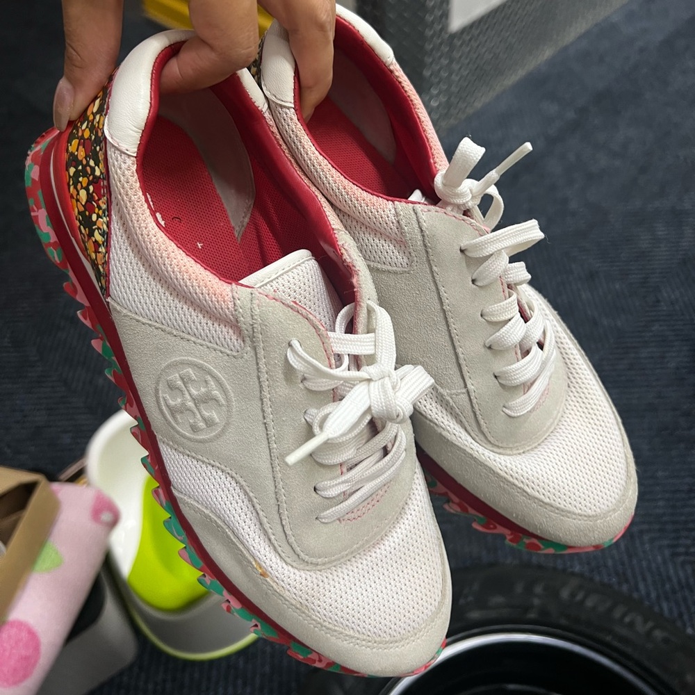 Tory Burch White and Pink Mesh Sneakers - Picture 2 of 6